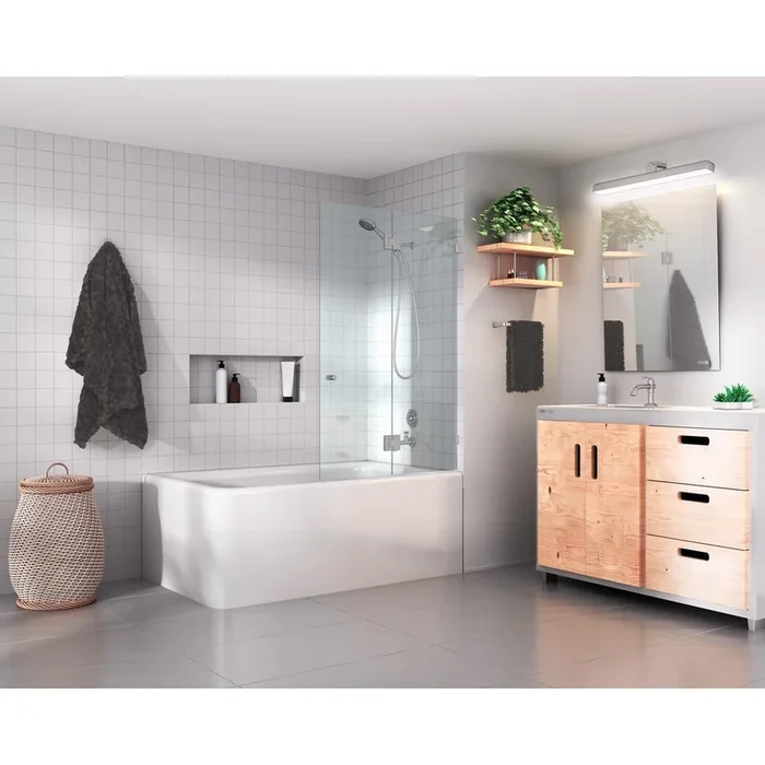58 in. x 34 in. Frameless Glass Hinged Tub Door in Brushed Nickel with Handle
