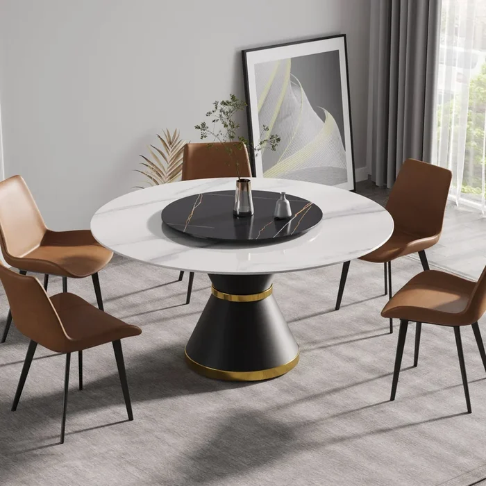 59.05″Modern Artificial Stone Round Black Carbon Steel Base Dining Table Can Accommodate 6 People 31.5″Black Artificial Stone Turntable White Black Metal Marble