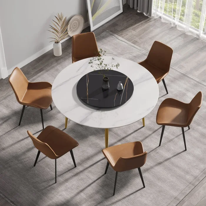 59.05″Modern Artificial Stone Round Golden Metal Dining Table Can Accommodate 6 People 31.5″Black Artificial Stone Turntable White Black Metal Marble