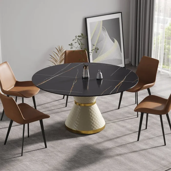 59.05″Modern Artificial Stone Round White Carbon Steel Base Dining Table Can Accommodate 6 People Black White Metal Sintered Stone