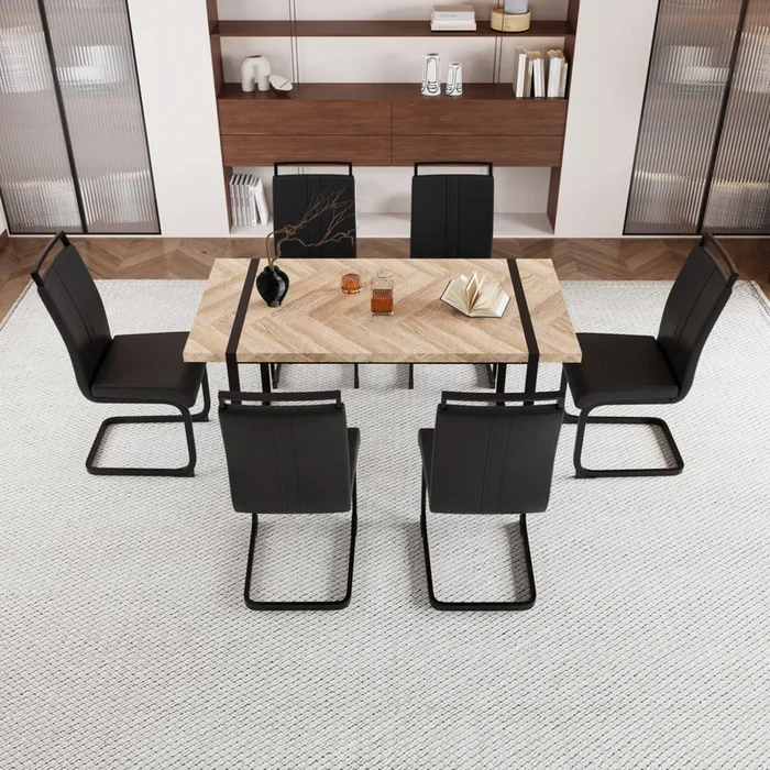 59 “Rural Industrial Rectangular Mdf Light Wood Dining Table Set And Pu Armless Dining Chair Set, 6 Piece. Kitchen Black Metal Table Leg Dining Chair Set Black Brown Mdf