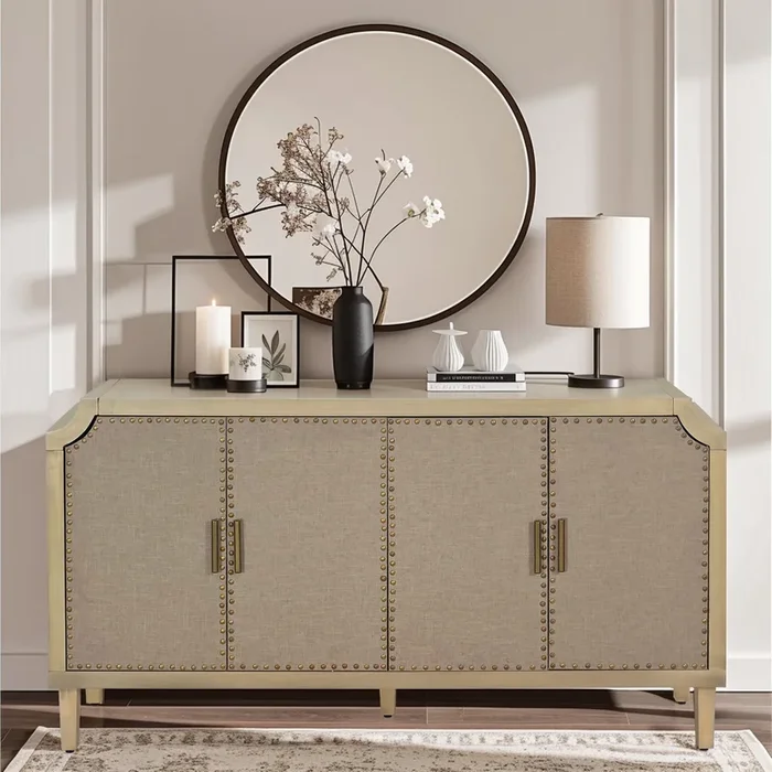 59.84″Retro Industrial Style Rivet Decor 4-Door Cabinet, Linen Decorated Doors, for Bedroom, Living Room, Office, Easy to Assemble
