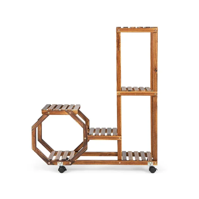6-Layer Wooden Plant Stand with Wheels for 6 Pots