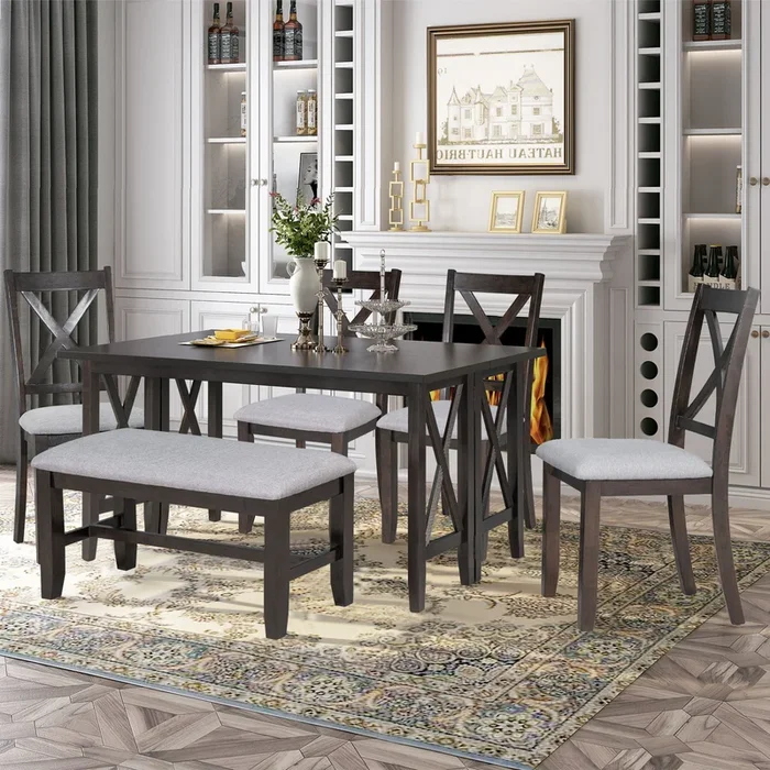 6-Piece Family Dining Room Set Solid Wood Space Saving Foldable Table and 4 Chairs with Bench for Dining Room (Espresso)
