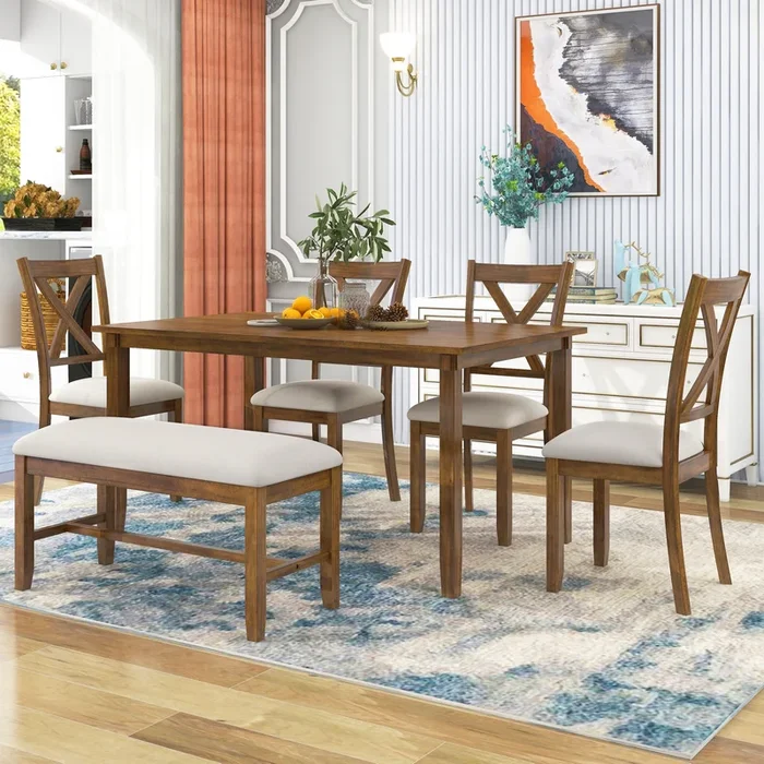 6-Piece Kitchen Dining Table Set Wooden Rectangular Dining Table, 4 Fabric Chairs and Bench Family Furniture (Natural Cherry)