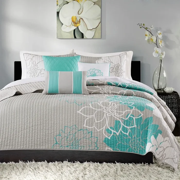 6 Piece Printed Cotton Quilt Set With Throw Pillows Aqua King Cal King King Aqua Polyester