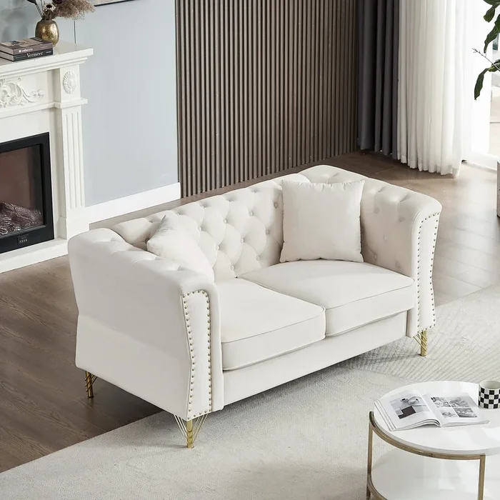 60.2″ Chesterfield Sofa Beige Velvet for Living Room, 2 Seater Sofa Tufted Couch with Metal Foot and Nailhead for Living Room, Bedroom, Office, Apartment, two pillows