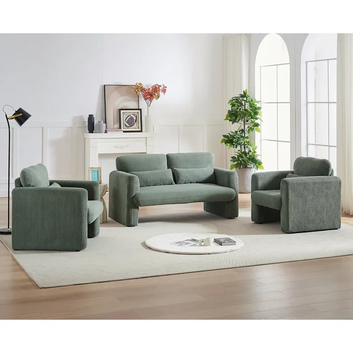 60″Corduroy Fabric Sofa With Two 33″ Single Sofa, Modern Sofa With Support Pillow, For Apartment, Office, Living Room & Bedroom Green Corduroy 4 Seat