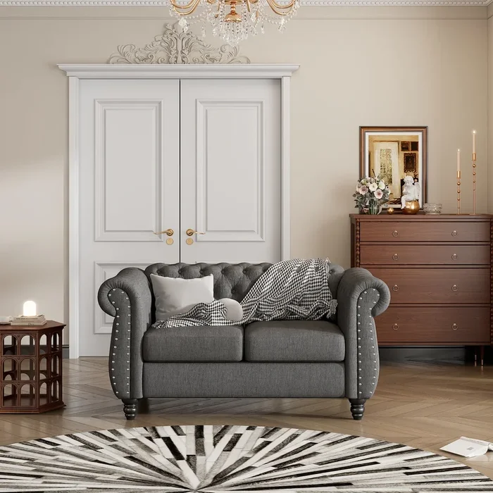 60″ Modern Sofa Dutch Plush Upholstered Sofa, Solid Wood Legs, Buttoned Tufted Backrest, Gray Gray Foam Polyester