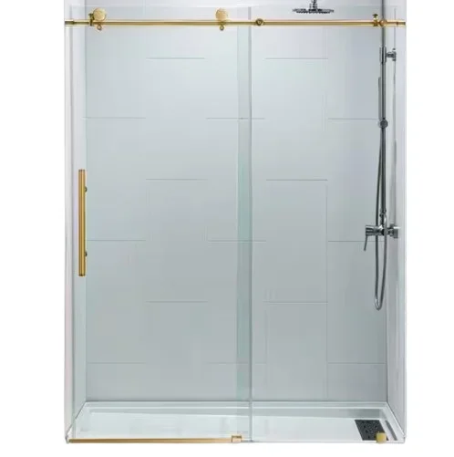 60 in. W x 76 in. H Sliding Frameless Shower Door with Soft Close System and 3/8 in. Clear Glass in Gold Finish