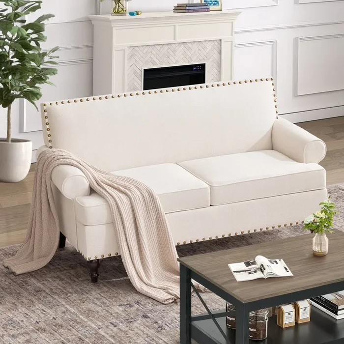 62” Loveseat Sofa, Mid Century Modern Sofa Couches For Living Room, Upholsteded Beautiful Seats Furniture For Small Space, Bear 500Lbs,Beige Beige Brown Linen Wood Primary Living Space Medium Soft