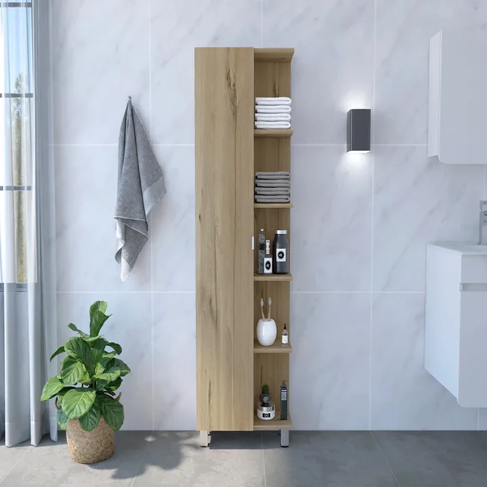 62H” Linen Single Door Cabinet, Five External Shelves, Four Interior Shelves, Light Oak Beige Particle Board Particle Board