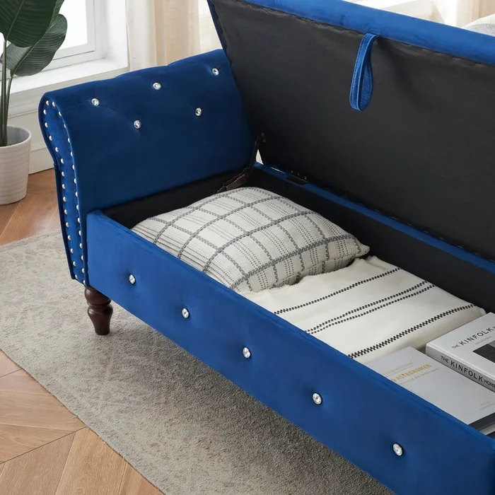 63.38″Velvet Multifunctional Storage Rectangular Ottoman Bench Comes With Crystal Buckle Solid Wood Legs With 1 Pillow,Blue Blue Velvet