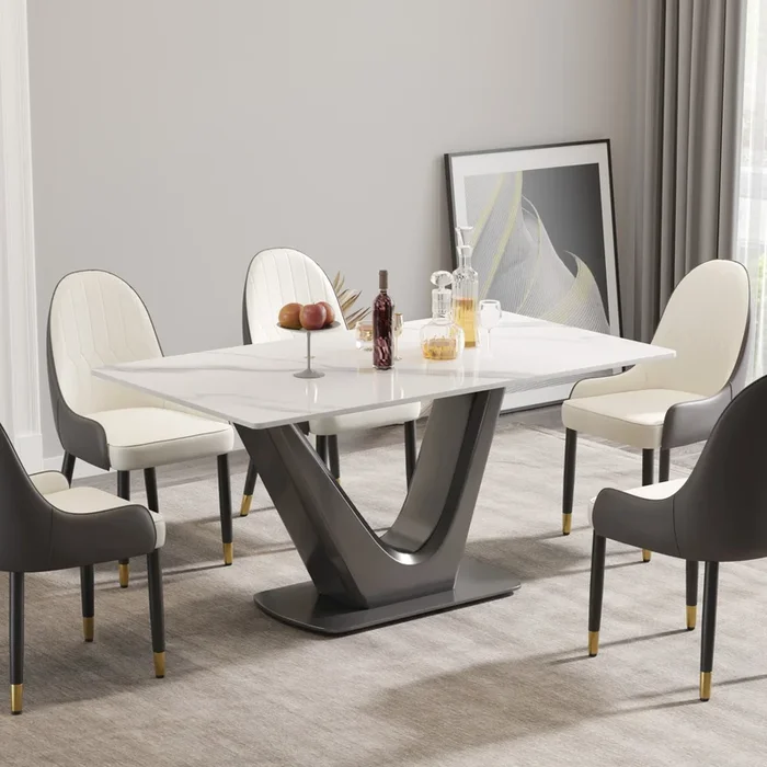 63 “Modern Artificial Stone White Panel Gray V Shaped Metal Legs Can Accommodate 6 8 People. White Gray Dining Room Metal Sintered Stone