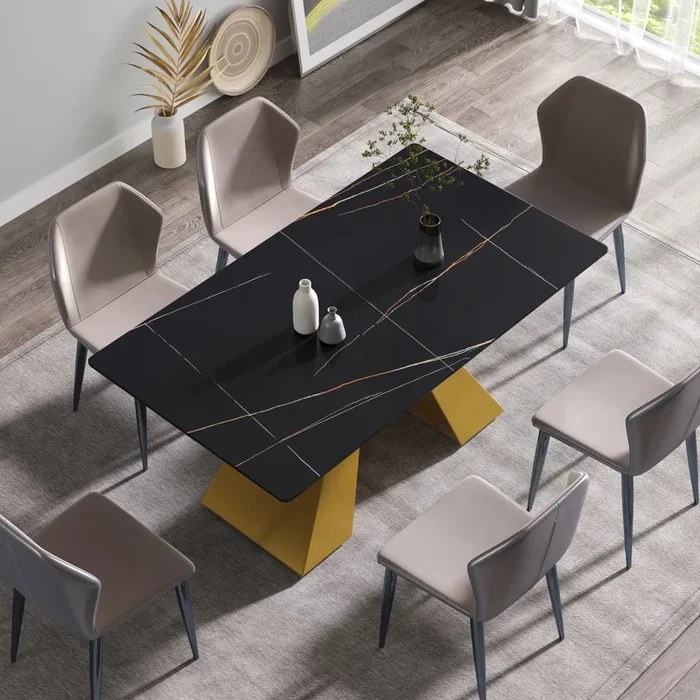 63″Modern Artificial Stone Black Straight Edge Golden Metal Leg Dining Table 6 People Black Metal Sintered Stone