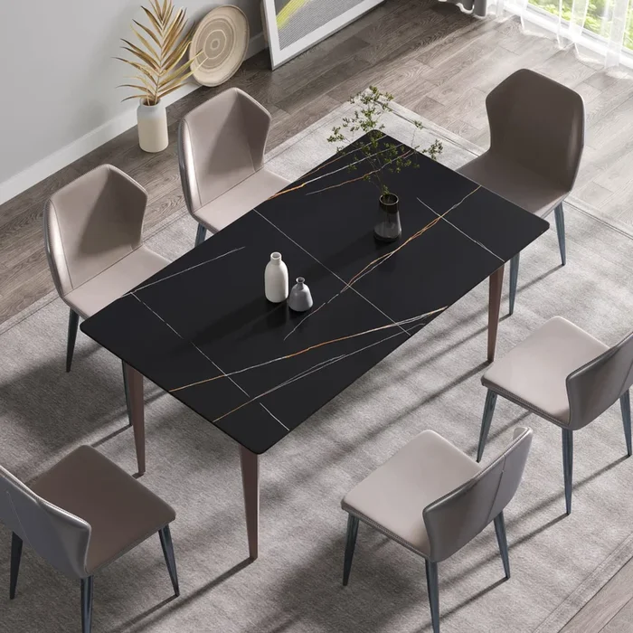 63″Modern Artificial Stone Black Straight Edge Metal Leg Dining Table 6 People Black Metal Sintered Stone
