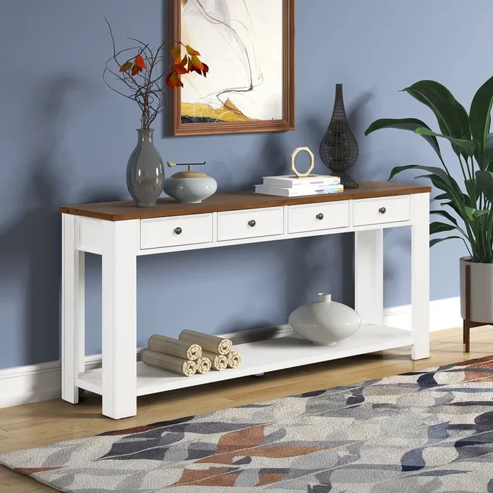 63″ Pine Wood Console Table With 4 Drawers And 1 Bottom Shelf For Entryway Hallway Easy Assembly 63 Inch Long Sofa Table Antique White Brown Top Antique White Pine
