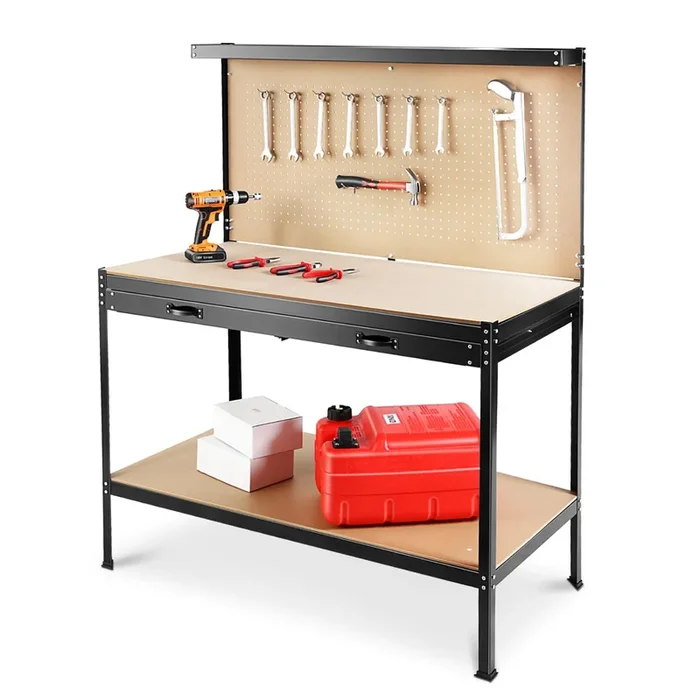 63″ Tools Cabinet Working Tables Workbench Tool Storage Workshop Table With Drawers And Pegboard Black Steel