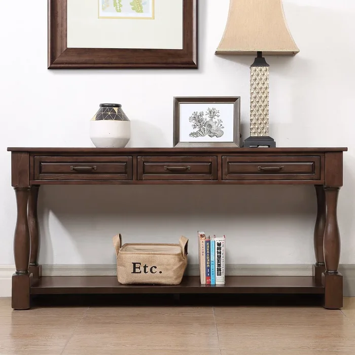 63inch Long Wood Console Table with 3 Drawers and 1 Bottom Shelf for Entryway Hallway Easy Assembly Extra-thick Sofa Table(Light Espresso)