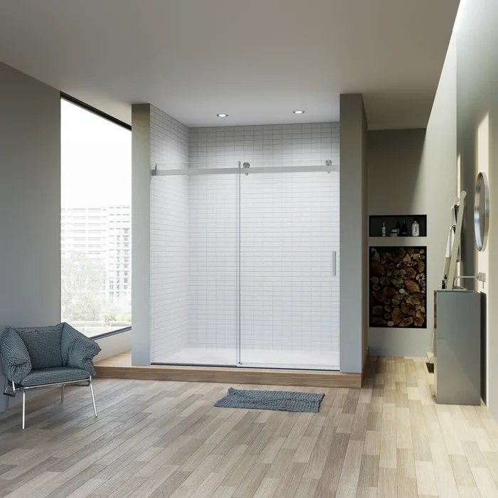 68 72″ W * 76″ H Frameless Single Sliding Soft Close Shower Doors With Buffer, Reversible Installation, 3 8″ 10Mm Thick Sgcc Tempered Glass Door, Bathroom Sliding Shower Door, Brushed Nickel Finish Brushed Nickel Glass Metal