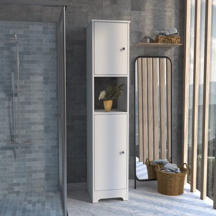 68.8H” Double Door Cabinet, Four Interior Shelves, One Open Shelf, White White Particle Board Particle Board