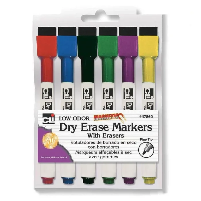6Ct Fine Tip Magnetic Dry Erase Markers With Erasers