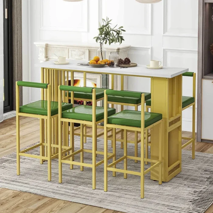 7-Piece Multi-Functional Modern Counter Height Dining Bar Table Set with Open Shelves and 6 Upholstered Stools for Dining Room, Bar and Cafe (White and Green)