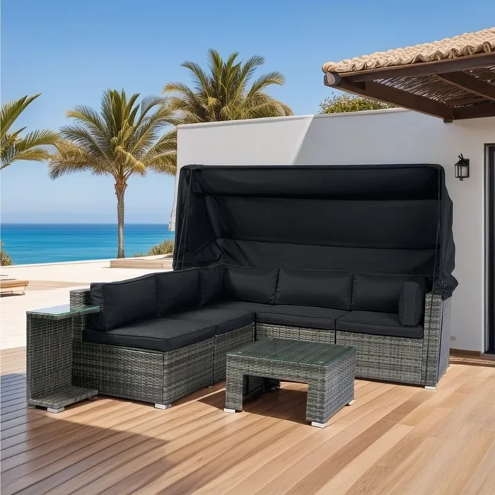 7-Piece Patio Furniture Set w/Retractable Canopy Wicker Rattan Sectional Sofa Set Patio Furniture with Washable Cushions for Lawn, Garden, Backyard, Poolside Grey wicker + Black Cushion