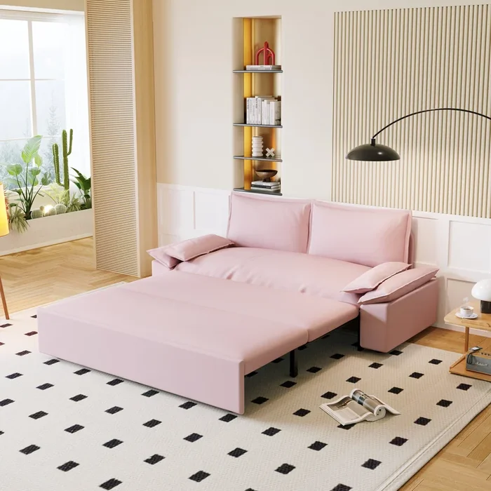 70.1″ Queen Pull Out Sofa Bed, 3 In 1 Convertible Sleeper Sofa With 2 Soft Pillows,Multi Functional Velvet Loveseat Bed,Pink Pink Velvet 2 Seat