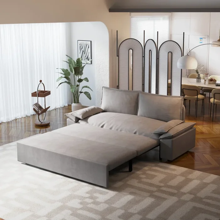 70.1″ Queen Pull Out Sofa Bed, 3-in-1 Convertible Sleeper Sofa with 2 Soft Pillows,Multi-Functional Velvet Loveseat Bed,Grey