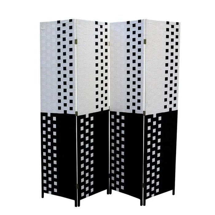 70.75″ Tall 4 Panel Screen Room Divider W Weave Design, Black And White Multicolor Wood