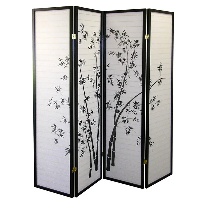 70″ Tall 4 Panel Screen Room Divider, Bamboo Design With Black Finish Black Wood