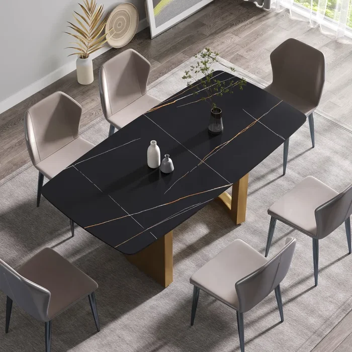 70.87″Modern Artificial Stone Black Curved Golden Metal Leg Dining Table Can Accommodate 6 8 People Black Metal Sintered Stone