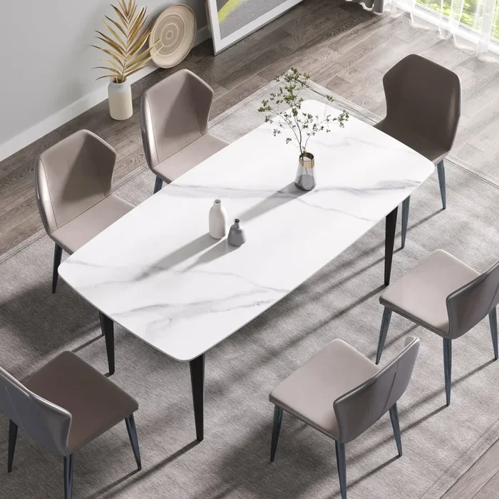 70.87″Modern Artificial Stone White Curved Black Metal Leg Dining Table Can Accommodate 6 8 People White Metal Sintered Stone