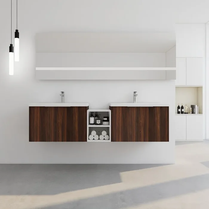 72 Inch Soft Close Doors Bathroom Vanity With Sink, A Small Storage Shelves, 30″ And 12″ Combination Cabinet, Kd Packing California Walnut 4 1 Bathroom Wall Mounted Modern Plywood