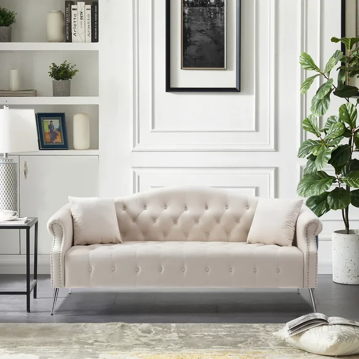 78.7″ Width Classic Chesterfield Velvet Sofa Contemporary Upholstered Couch Button Tufted Trimming Curved Backrest Rolled Arms With Silver Metal Legs Living Room Set,2 Pillows Included Beige Velvet