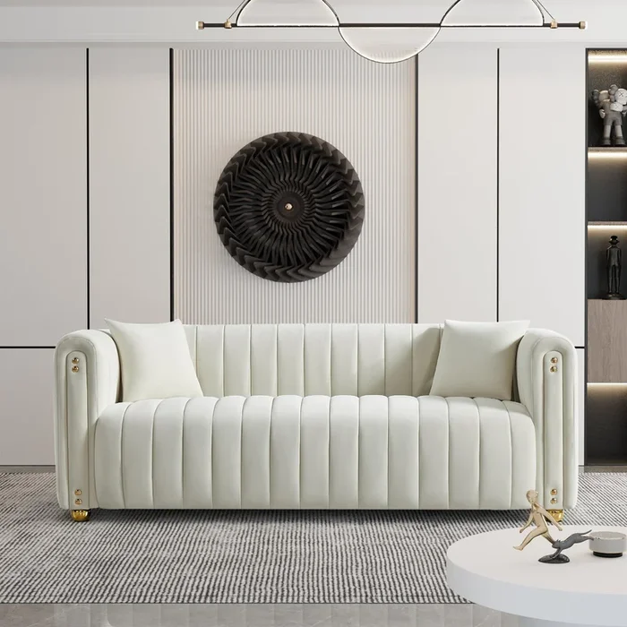 79.92″ Modern Vertical Channel Tufted Velvet Sofa,Comfortable Sofa for Living Room-White