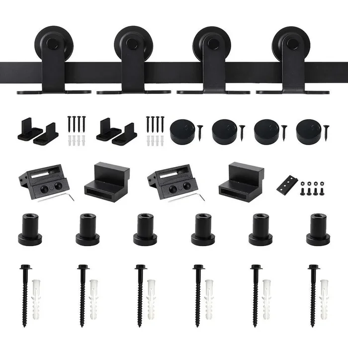 8 ft./96 in. Frosted Black Top Mount Sliding Barn Door Hardware Track Kit for Double Doors with Non-Routed Floor Guide