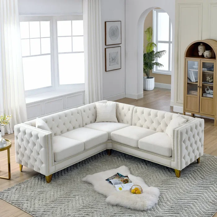 82.2 Inch Velvet Corner Sofal Shaped Sectional Couch, 5 Seater Corner Sofas With 3 Cushions For Living Room, Bedroom, Apartment, Office Beige Foam Velvet