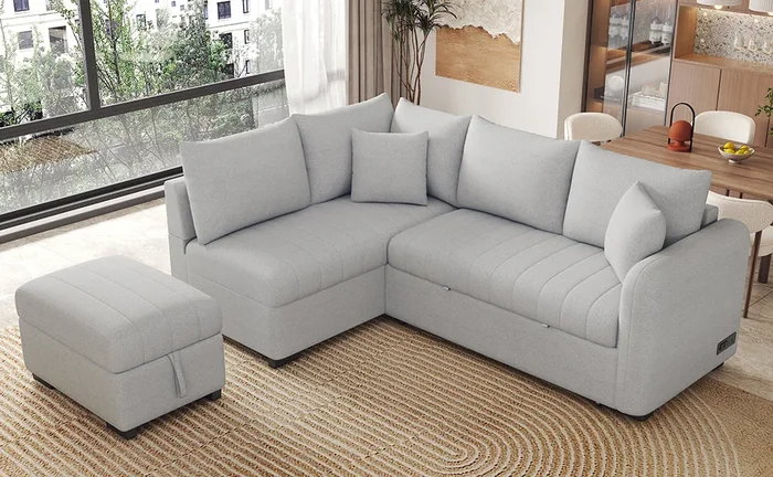82.6″ L Shaped Sectional Pull Out Sofa Bed Sleeper Sofa With Two Usb Ports, Two Power Sockets And A Movable Storage Ottoman, Gray Gray Foam Polyester