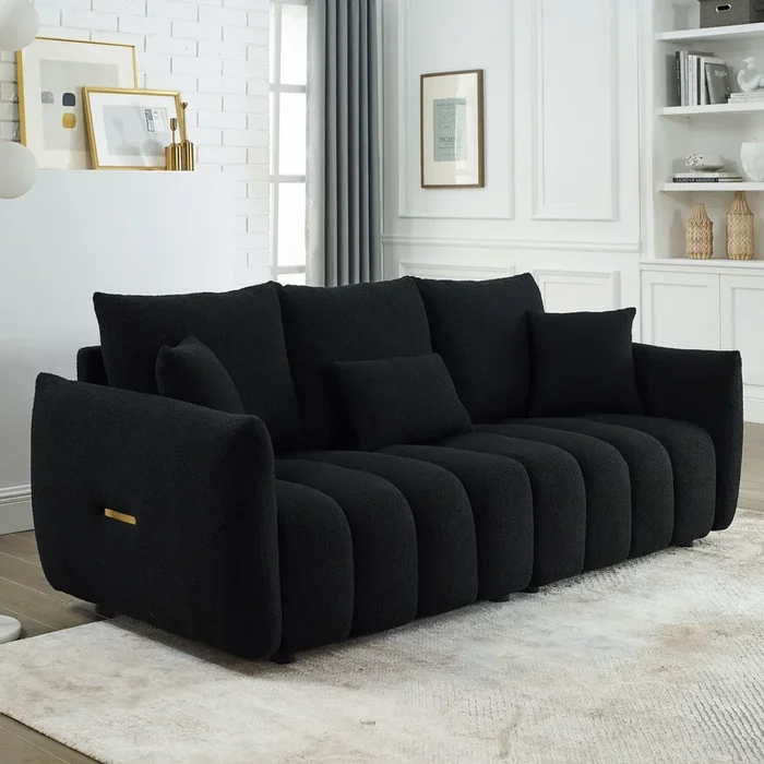 82″ Premium Teddy fabric Sofa with 3 Back Pillows and 3 back Cushions Solid Wood Frame 3-Seater Sofa, Oversized Upholstered Chair for Living Room, Bedroom, Apartment and Office