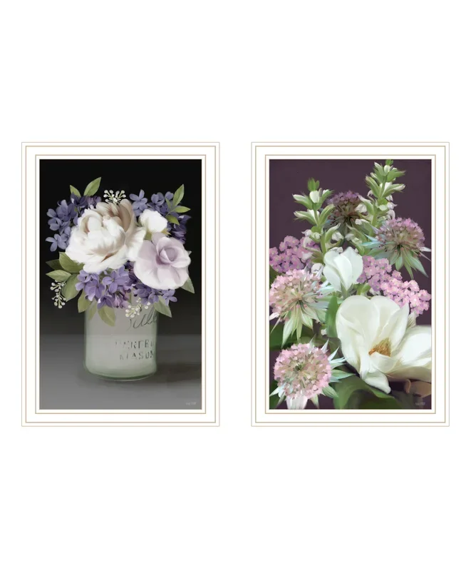 “Lilac & Wild Plum Bouquet” 2 Piece Vignette By House Fenway, Ready To Hang Framed Print, White Frame Multicolor Paper