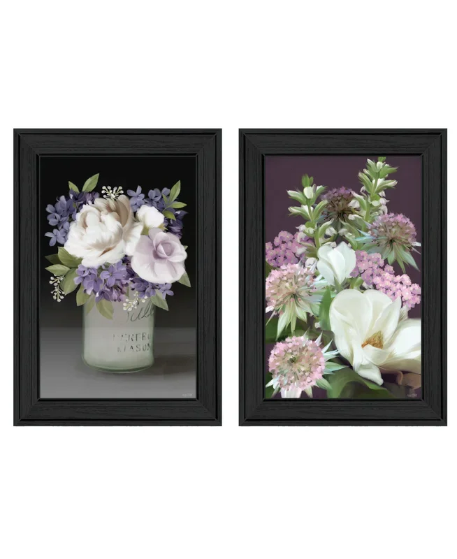 “Lilac & Wild Plum Bouquet Ii” 2 Piece Vignette By House Fenway, Ready To Hang Framed Print, Black Frame Multicolor Paper
