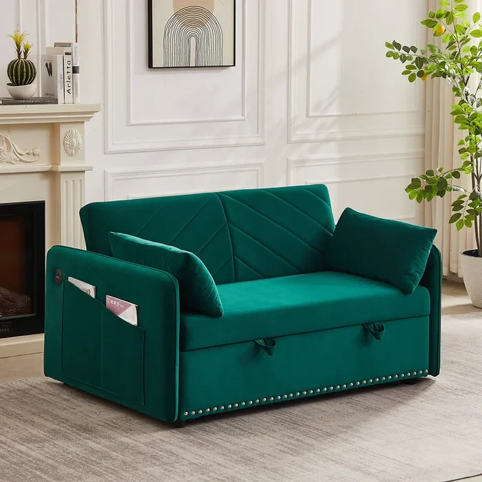 ” Sleeper Sofa Bed w/USB Port, 3-in-1 adjustable sleeper with pull-out bed, 2 lumbar pillows and side pocket, soft velvet convertible sleeper sofa bed, suitable for living room bedroom