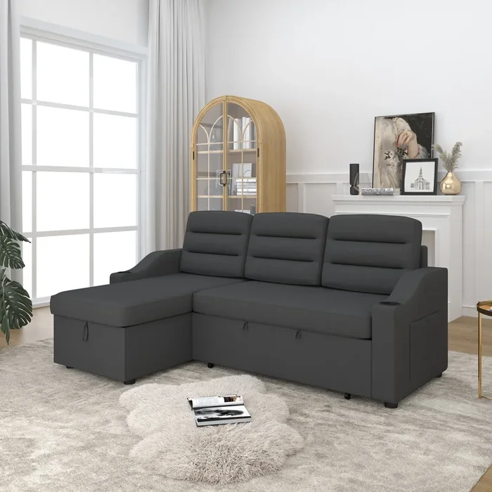 83.5″ Convertible Sleeper Combo Sofa, Convertible Sofa Bed Polyester Pullout Bed with Storage Recliner and Cup Holder for Living Room, Tight Spaces