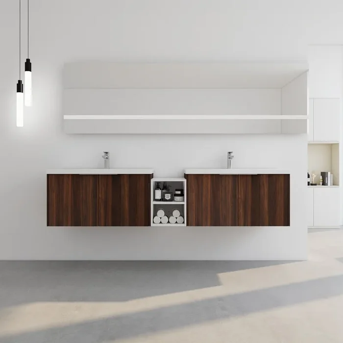 84 Inch Soft Close Doors Bathroom Vanity With Sink, A Small Storage Shelves, 36″ And 12″ Combination Cabinet, Kd Packing California Walnut 4 1 Bathroom Wall Mounted Modern Plywood