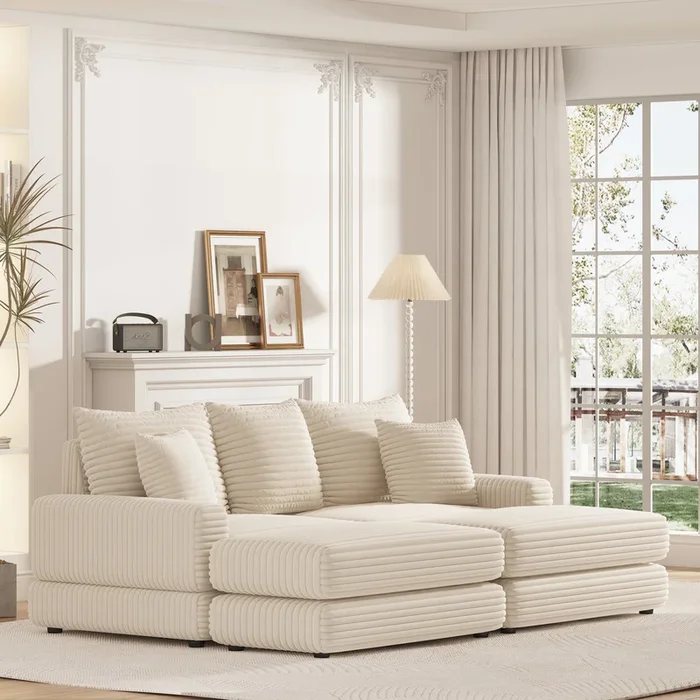86.6Inch Corduroy 3 Seater Sofa With 3 Back Pillows2 Toss Pillows And Two Ottoman ,Comfy Sofa Deep Seat Couch For Living Room Beige Corduroy