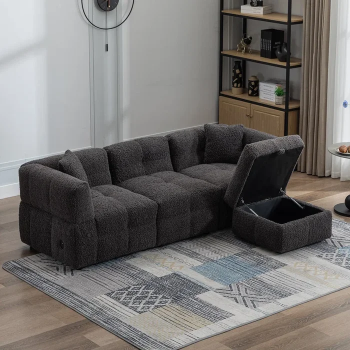 87.7″ Sectional Sofa Cozy Teddy Fleece Fabric Sectional Sofa Couch with Two USB Ports a Movable Storage Ottoman and Two Lumbar Pillows for Living Room, Gray