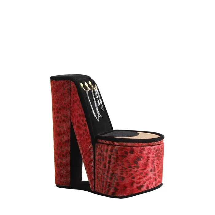 9″ Tall Display Jewelry Box With Hooks, High Heel Shoe Design, Leopard Print Multicolor Pu
