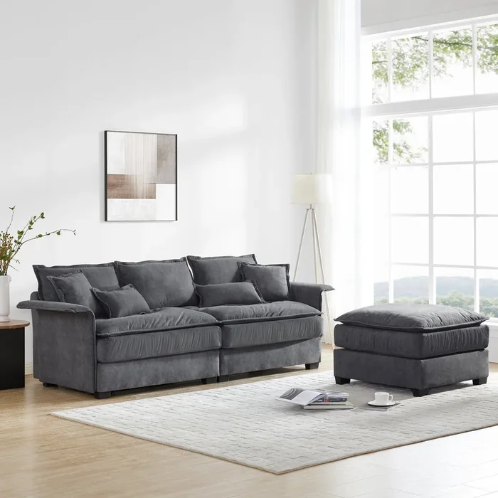 95*66″Oversized Luxury Sectional Sofa With Bentwood Armrests,4 Seat Upholstered Indoor Furniture With Double Cushions,L Shape Couch With Ottoman For Living Room,Apartment,3 Colors Dark Grey Fabric 4 Seat